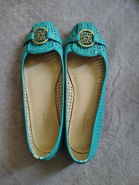 Liz Claiborne Teal Laser-Cut Ballet Flats with Gold Accent
